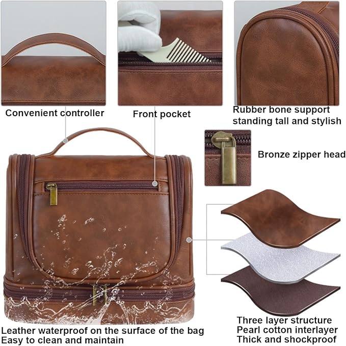 Personalized Leather Toiletry Bag, Brown, Three Layer Structure, Waterproof, Customizable Name Engraving, Travel Organizer for Men, Multi-Occasion Gift (UK1006) - Image 8