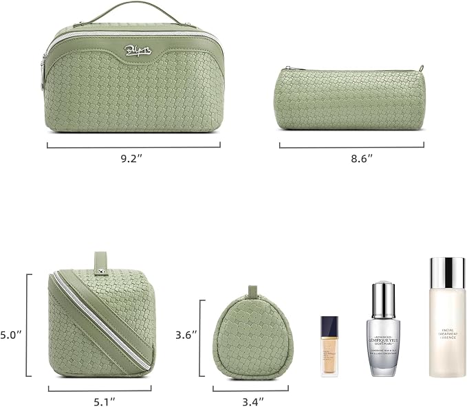 BOYATU Travel Makeup Bag Cosmetic Bags for Women: Large Capacity 3 Pcs Set Make up Bag with Compartments - Waterproof Vegan Leather Toiletry Organizer Bags with Handle (L51Grass Green) - Image 5