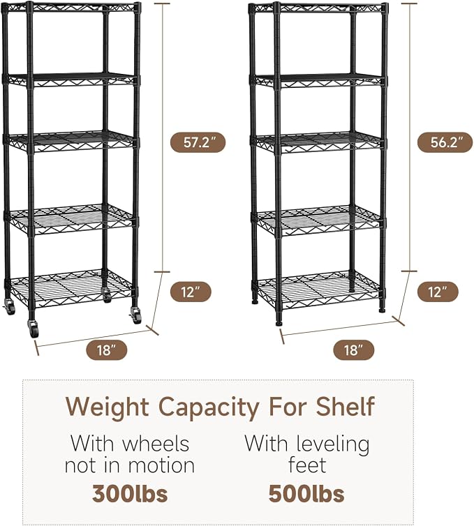 Golpart Small 5 Tier Shelves Storage Wire Shelving Unit Metal Shelf Adjustable Organizers Storage Shelving with Wheels for Bathroom Laundry Room Kitchen Pantry11.7”D x 17.7”W x 57.2”H Black - Image 3