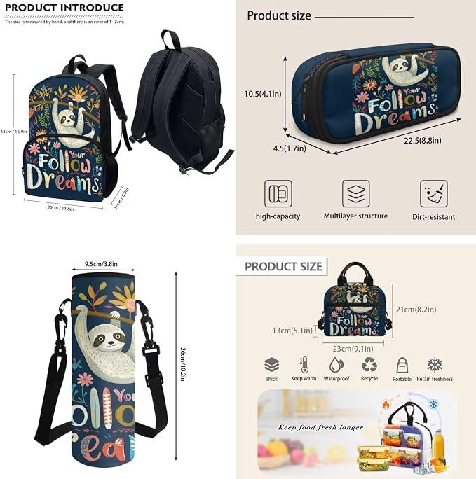 POLERO Cute Sloth Backpacks for Kids Bookbag School Bag Set for Elementary Back to School 4 Piece School Bag with Lunch Box - Image 3