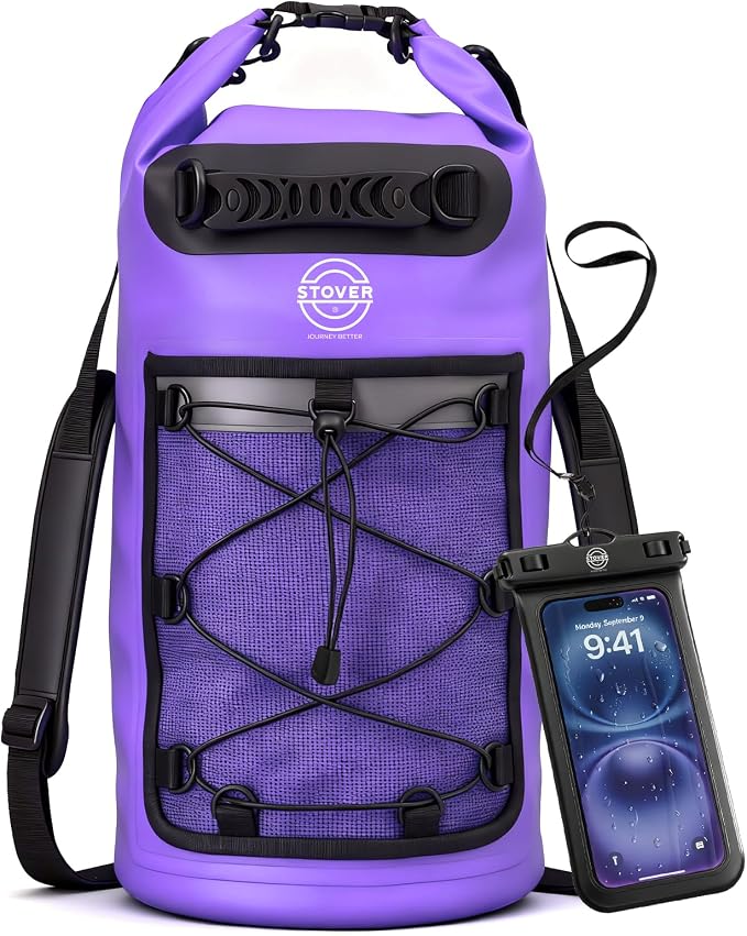 STOVER 5/10/25/30/40L Waterproof Dry Backpack & Phone Case- Large Floating Dry Bag for Kayaking, Travel, Hiking, Fishing, Camping, Motorcycles & Beach, Heavy-Duty Roll Top Men/Women (Purple) by STOVER