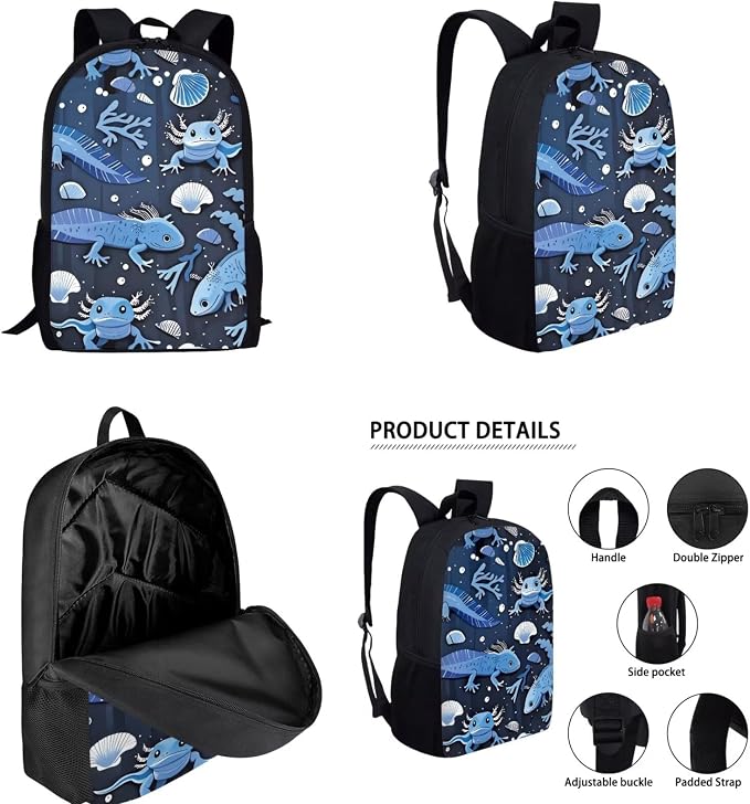 Blue Axolotl Backpack with Lunch Box Kids Girls 6-8/8-10 Novelty Seaweed Elementary School Bookbag and Lunch Bag Pencil Case Water Bottle Holder 4 in 1 Primary Back Pack Preschool Book Bags - Image 2
