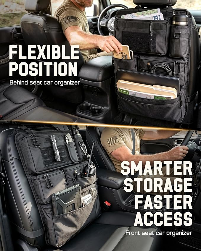 All in One Car Seat Back Organizer Fit Most Cars SUV Trucks Jeeps | Heavy Duty Molle Panel Seat Back Protector with Multi-Pockets Storage, for Tools, Toys, Camping, Travel, Daily Commuting - Image 6