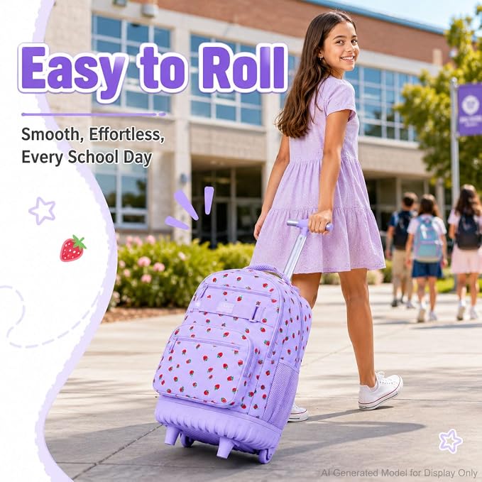 3Pcs Rolling Backpack for Girls, School Roller Bookbag with Wheels, Strawberry Wheeled Backpacks Set for Women (Purple) - Image 2