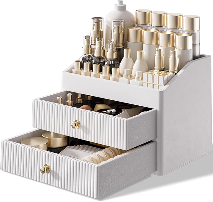 LADSTAG Makeup Organizer Countertop,Leather Makeup Storage with 2 Drawers,Large Capacity Beige White Make up Organizers for Counter,Bedroom,Bathroom,Birthday Gifts for Women by LADSTAG