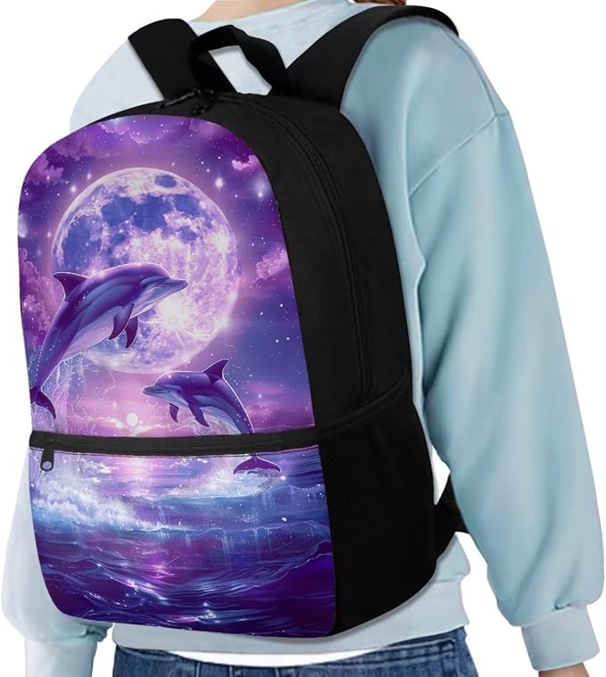 Dolphin Backpack for Girls Kids Backpack with Lunch Box Water Bottle Pouch and Aesthetic Pencil Case 4PCS Set Bookbag with Front Pocket for School Teens 17 inch Large Elementary School Bag - Image 2
