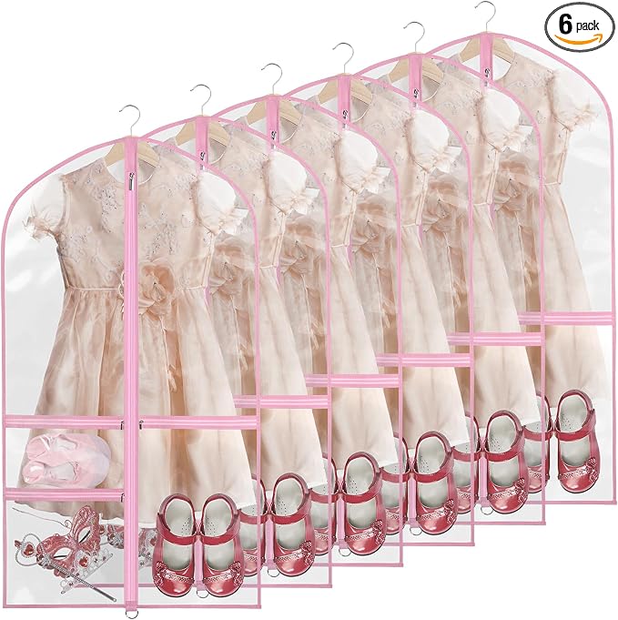 Clear Garment Bags for Dance Costumes, 40” Dance Garment Bags for Dancers, Kids Garment Bag for Dance Competitions with 3 Zipper Pockets, Garment Bags for Hanging Clothes, 6 Pack, Pink by Kntiwiwo