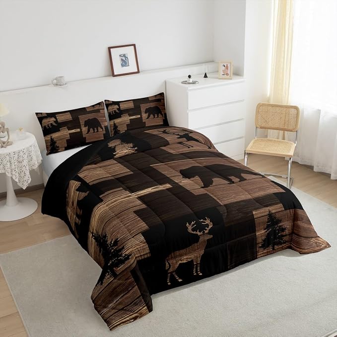 Erosebridal Rustic Bear Comforter Sets for Teens Youth,Lodge Elk Moose Bedding Set Twin,Cabin Hunting Animal Buffalo Plaid Check Quilt,Vintage Wooden Farmhouse Down Comforter with 1 Pillowcase - Image 5