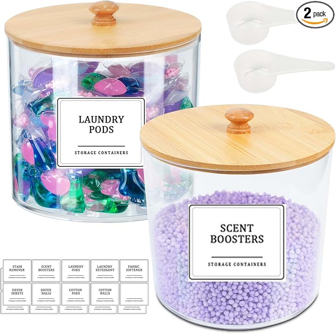 2 Pack Laundry Pods Container,Clear Laundry Room Organization Containers,Large Laundry Detergent Powder Storage Containers with Bamboo Lids & Labels for Scent Booster,Powder,Pods by Ecopandy