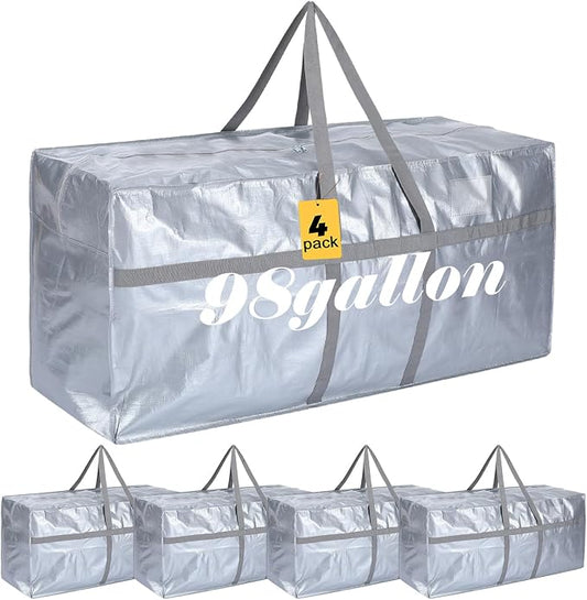 Windyun 4 Pack 98 Gallon Extra Large Moving Bags XXL Heavy Duty Storage Bag with Strong Zipper Handle Jumbo Big Tote Box Foldable for College Dorm Travel Clothes Duffle Blanket Pillow(Silver) by Windyun