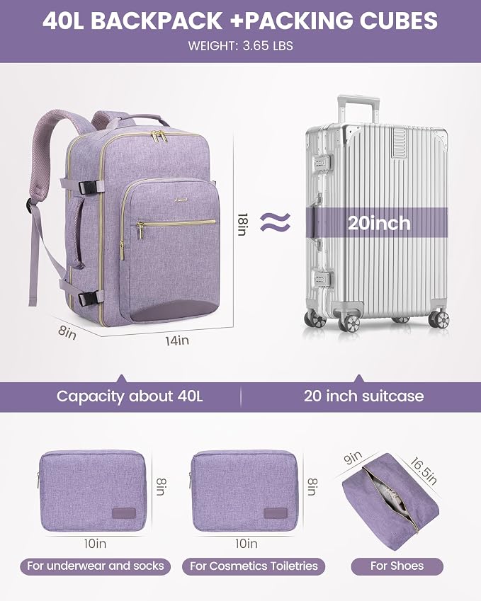 LOVEVOOK 40L Travel Backpack Flight Approved Carry on Backpack,3 Packing Cubes,Waterproof Personal Item Travel Bag,TSA Carry on Luggage Suitcase Travel Essentials,Gifts for Women & Men,fits 17" Laptop - Image 5