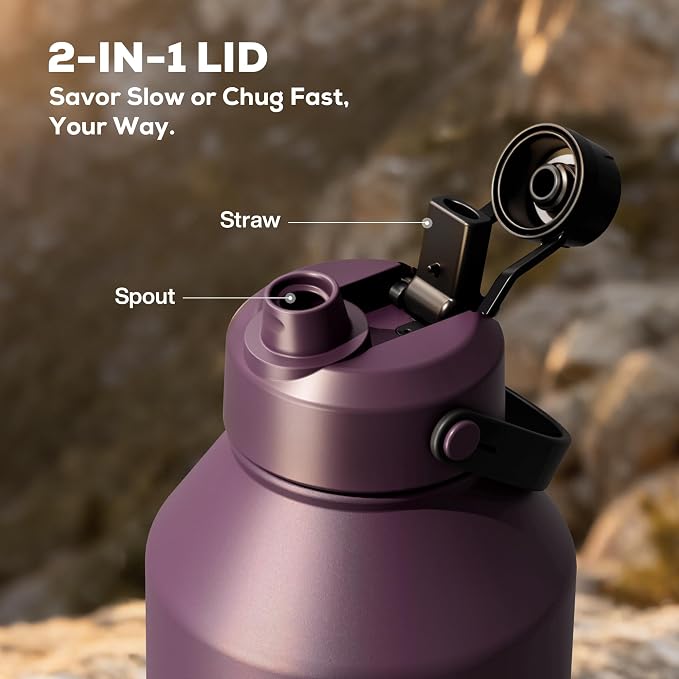 POWCAN 64 oz Insulated Water Bottle with 2-in-1 Straw & Spout Lid, Leakproof, Top Handle, Keep Cold 48H, BPA-Free, Brush, Metal Water Bottle with Carrier Bag for Work, Sports, Travel and Gym (Plum) - Image 3