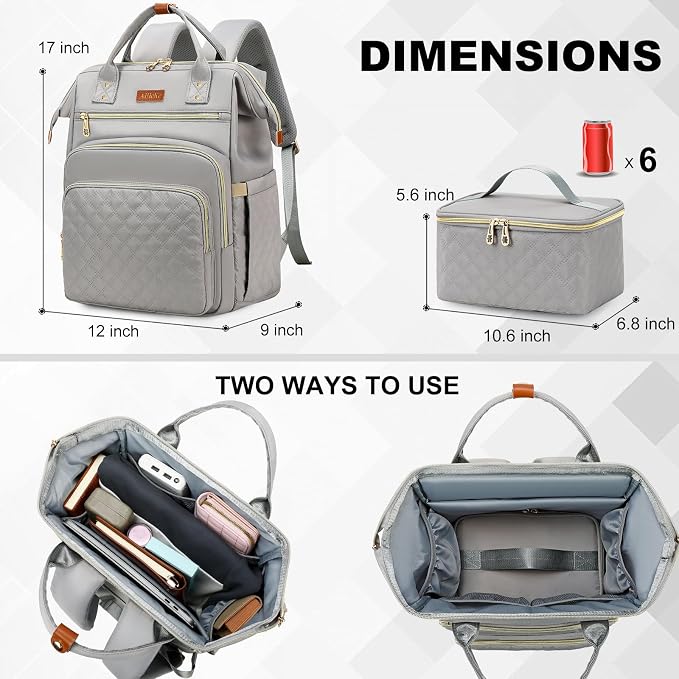 AIJIEKE Lunch Backpack for Women, 15.6 Laptop Backpack, Lunch Box, Gray | Water resistant computer bag with insulated leakproof cooler. Travel meal prep backpack for nurse, teacher, college commute - Image 6