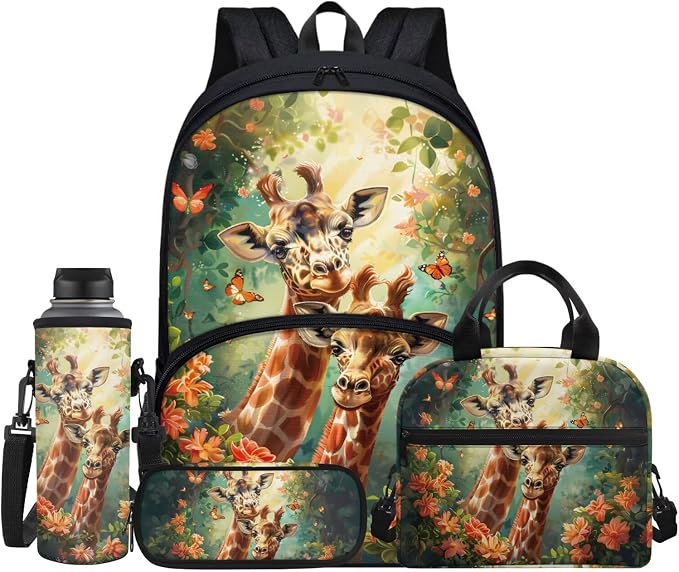 Cartoon Giraffe Schoolbag for Girls Boys Children School Backpack 4pcs Set,Cute Deer Bookbag Insulated Lunchbag Crossbody Water Bottle Holder Bag for Preschool,Kindergarten,Primary Students by FUIBENG