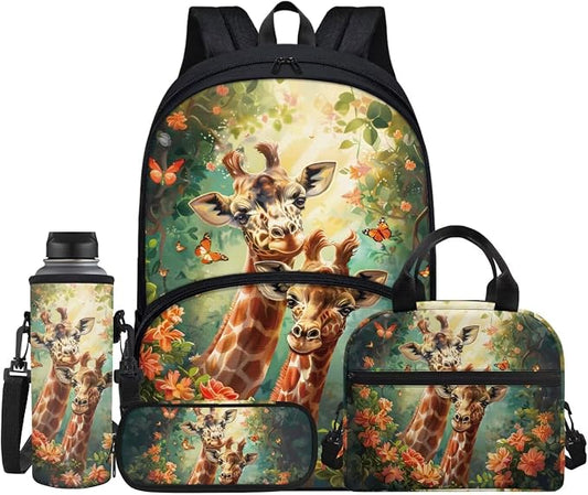 Cartoon Giraffe Schoolbag for Girls Boys Children School Backpack 4pcs Set,Cute Deer Bookbag Insulated Lunchbag Crossbody Water Bottle Holder Bag for Preschool,Kindergarten,Primary Students by FUIBENG