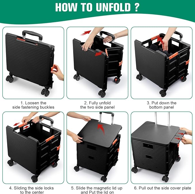 FELICON SELORSS Folding Utility Cart Portable Rolling Crate Handcart-Black | Magnetic Sliding Lid,Telescoping Handle,Plastic Box Dolly,360°Swivel Wheels for Travel Shop Move Laundry Office Teacher Use - Image 5