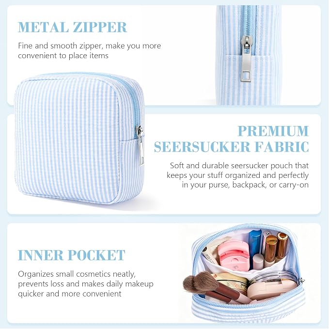 Giesiery 8 Pcs Seersucker Makeup Bags Striped Cosmetic Bags Bulk Organizer for Women Preppy Travel Toiletry Pouch for Wedding Bridesmaid Gifts (Blue, Mini) - Image 5
