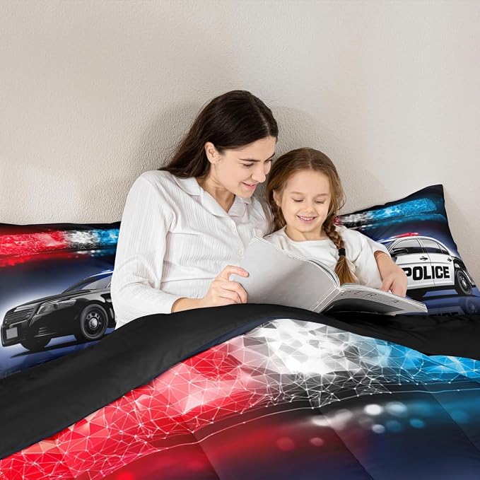 Erosebridal Police Car Comforter Sets King Size,Policeman Vehicle Bedding Set for Kids Boys Children,Red Blue Cop Lights Down Comforter Geometric Graphics Duvet Sets Bedroom Decor with 2 Pillow Cases - Image 4