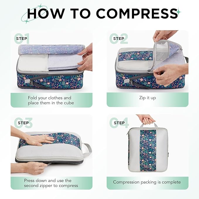 OlarHike 10 Set Compression Packing Cubes for Travel Essentials,Compressible Expandable Space Saver Bags for Organizing Clothes,Luggage Garment Bags with Over 1000 pcs Mesh Holes(Dark Blue Floral) - Image 3