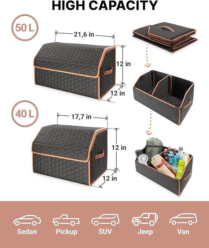 Owleys Rear Cargo Organizer For SUV | Set Of 17.7" & 21.6" Eco-Leather Crates | Foldable Car Storage With Magnetic Lids | Durable Car Trash Bin & Tote | Stylish Gifts For Boyfriend | Black-Brown - Image 3