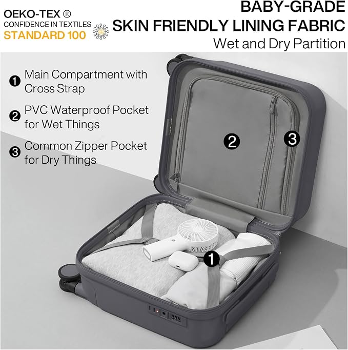 mixi 14 Inch Underseat Luggage Carry on Suitcase Free Boarding Personal Item Suitcases with Spinner Wheels Hardshell Lightweight PC for Short Travel, Rock Gray - Image 5
