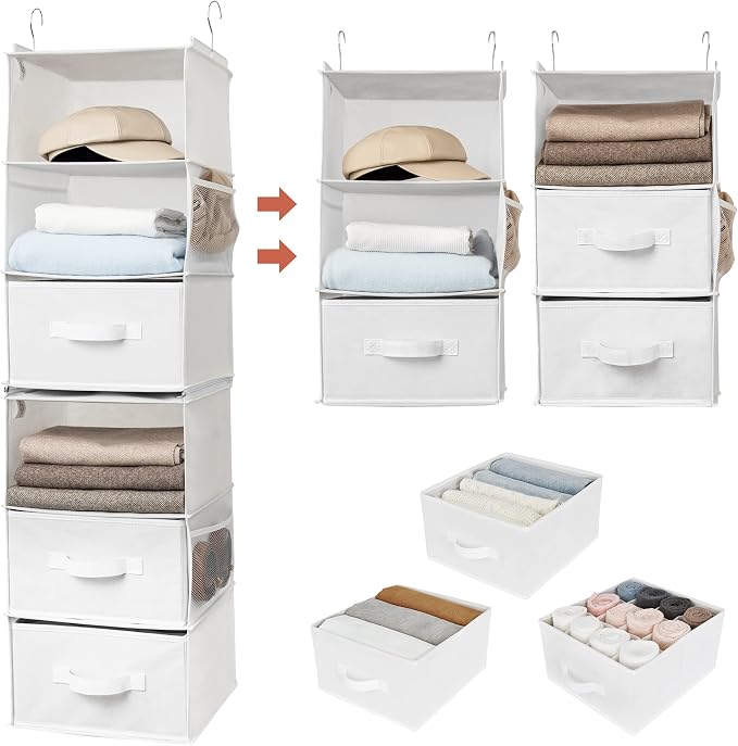 GRANNY SAYS 6-Shelf Hanging Organizer for Closet, Separable to 2 Pack 3-Shelf Hanging Shelves, Organization and Storage with 3 Different Drawers, 4 Side Pockets, White, 1-Pack by GRANNYSAYS