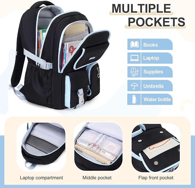 DIGOBAY Backpacks for Girls, 3PCS School Backpack with Lunch Box Pencil Pouch for Teen Girls Kids Elementary Primary Middle High College Travel School bag Bookbag Set （Black Blue） - Image 3