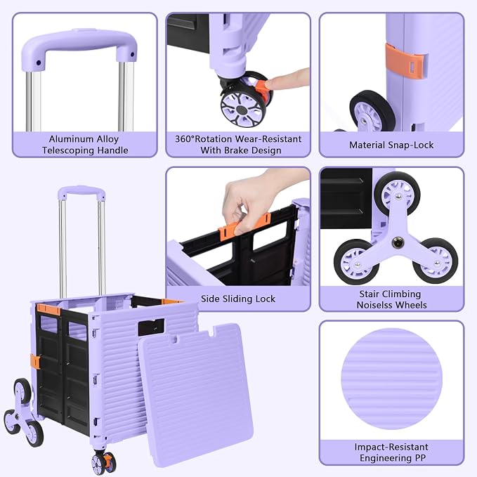 FELICON SELORSS Folding Utility Climber Cart Portable Rolling Crate-Purple | Stair Climbing Wheels+360°Swivel Wheels,Telescoping Handle,Plastic Box Dolly for Travel Shop Move Laundry Office Teacher Use - Image 2