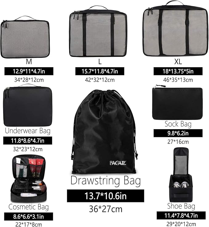 BAGAIL 8 Set Packing Cubes Luggage Packing Organizers for Travel Accessories-Jet Black - Image 2