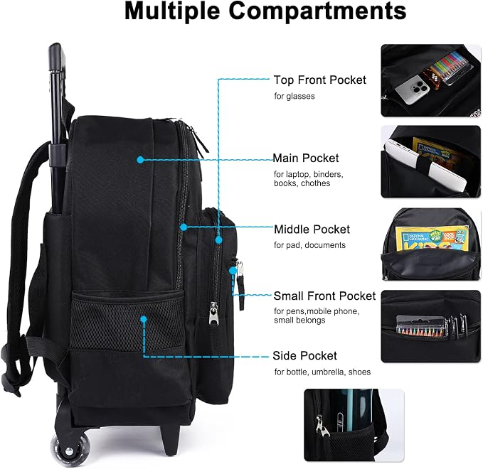 Tilami Rolling Backpack 18 inch Double Handle with Lunch Bag Wheeled Kids Backpack for Girls and Boys, Black - Image 3