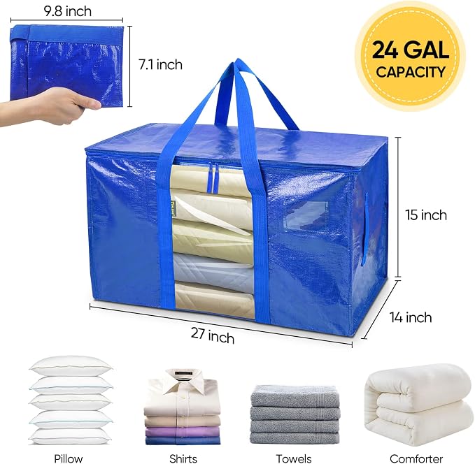 BALEINE 2-Pack Oversized Moving Bags with Reinforced Handles, Heavy-Duty Storage Tote Moving Supplies for Packaging, Camping (Blue w/Window, 2-Pack) - Image 2