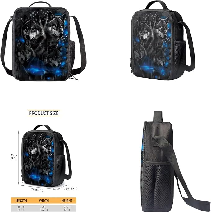 American Flag Wolf Backpack for Boys Kids Backpack with Lunch Box Water Bottle Holder and Soft Pencil Pouch 4PCS Set Cute Bookbag with Front Pocket for School Teens 17 inch Large School Bag - Image 4