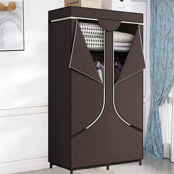 SORCEDAS Portable Wardrobe Closet Storage Organizer Metal Hanging Rack Non-Woven Fabric 34 Inch Coffee (34 Inch, Coffee) - Image 3
