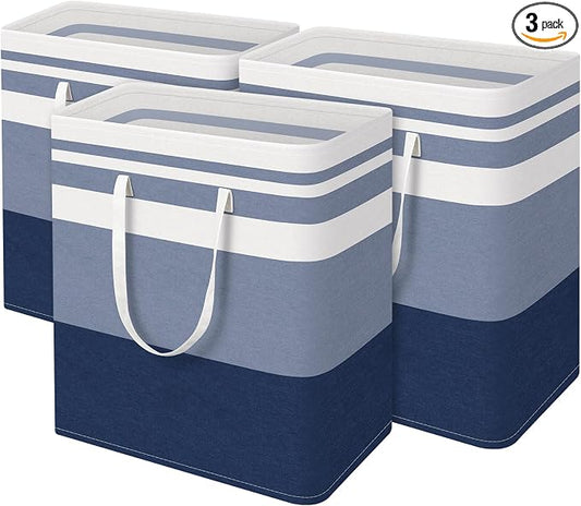 BlissTotes 3-Pack Laundry Basket, Freestanding＆Waterproof Laundry Hamper, Collapsible Tall Clothes Hamper with Easy Carry Handles for Clothes, Towels in the Family and Dorm,Gradient Blue,125L by BlissTotes