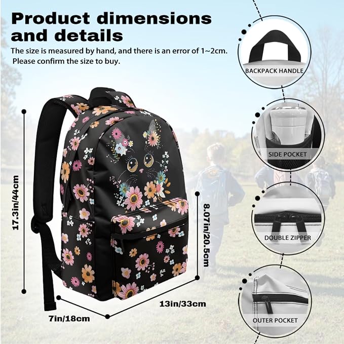 Girls Backpacks Ages 8-10 6-8 Cute Black Cat Floral Backpacks for Boys with Lunch Box 4 Piece School Bag Set 17 inch Kids Bookbag with Adjustable Starps Teens Back Pack Daypack - Image 3