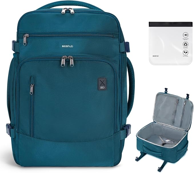 ECOHUB Travel Backpack for Men, 18x14x8 Frontier Airlines Personal Item Bag with Clear Toiletry Bag, Laptop Carry on Backpack with USB Port, Airline Approved Under Seat 14 Pockets, Blue Green by ECOHUB