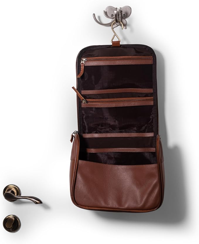 Sutton Handmade Genuine Cowhide Leather Hanging Toiletry Bag Travel Dopp Kit for Men and Women Caramel Brown - Image 3