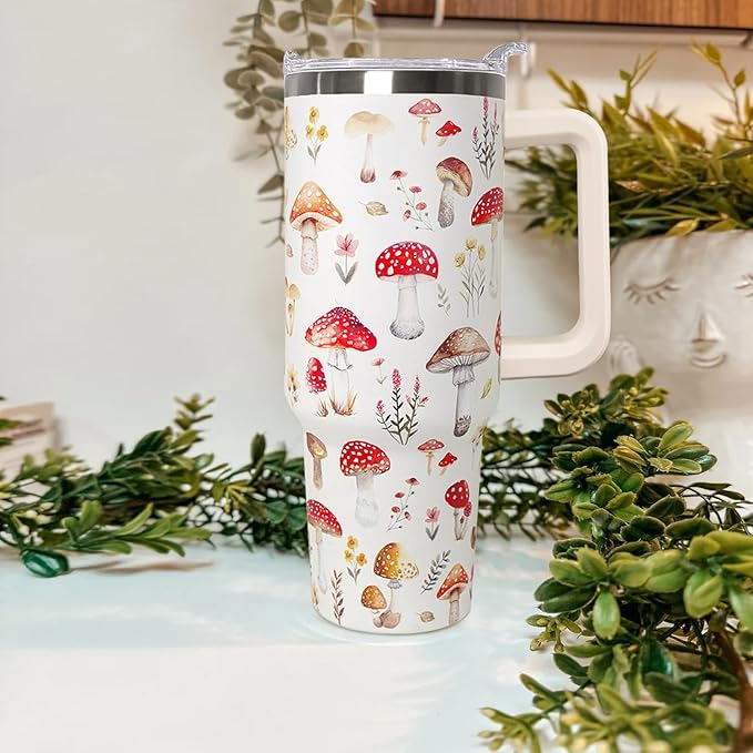 30 Oz Mushroom Tumbler With Handle,Mushroom Coffee Travel Mug Cup Water Bottle,Mushroom Decor,Mushroom Gifts for Women