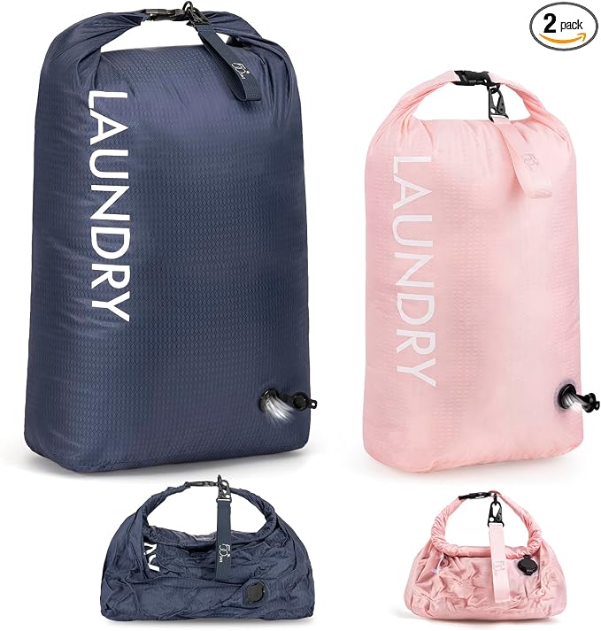 WiseBoy 2 Pack Travel Laundry Bag, Compression Storage for Dirty Clothes | waterproof nylon keeps gym & swim gear separate from clean clothes, easy-carry handles, pump-free compression saves space by WiseBoy