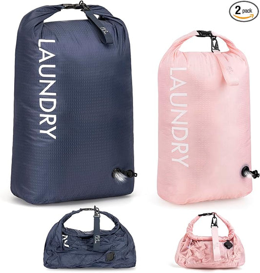WiseBoy 2 Pack Travel Laundry Bag, Compression Storage for Dirty Clothes | waterproof nylon keeps gym & swim gear separate from clean clothes, easy-carry handles, pump-free compression saves space by WiseBoy