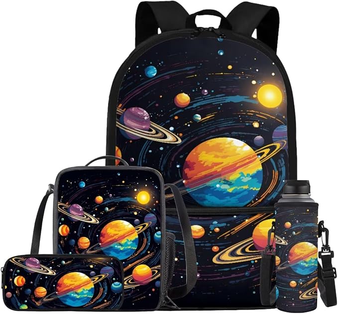 Galaxy Space Backpack for Boys Kids Backpack with Lunch Box Water Bottle Pouch and Zipper Pencil Pouch 4PCS Set Lightweight Bookbag with Front Pocket 17" Sturdy School Bag for Elementary Girls by ELEDIZI