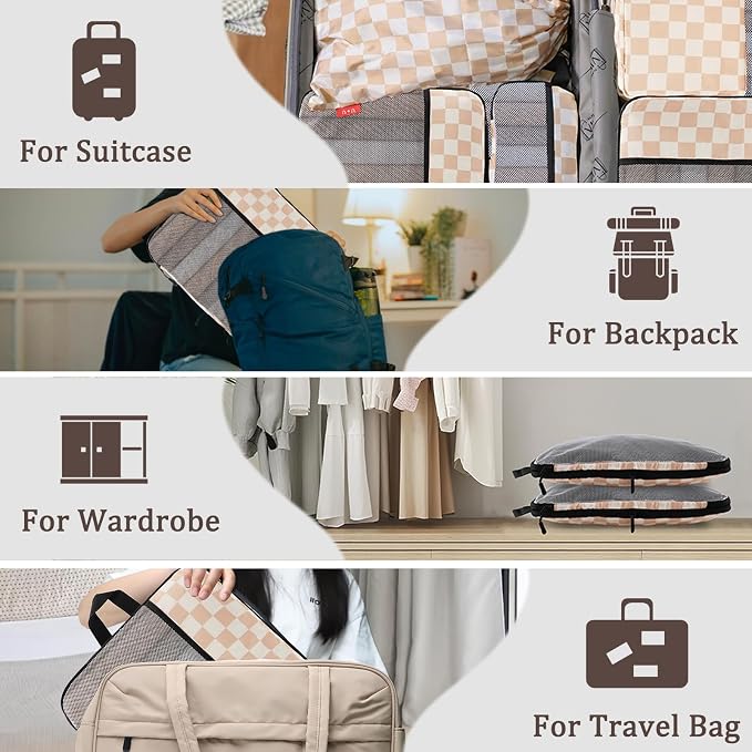 U+U 10 Set Compression Packing Cubes - Ultralight Travel Organizers with Laundry Bag and Cosmetic Bag, Space-Saving Suitcase Organizer for Travel, Business Trip and Family Vacation (Khaki Checkered) - Image 8