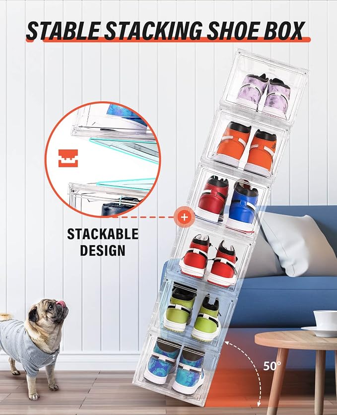 Clear Shoe Boxes Stackable 10 Pack Shoe Storage for Sneakerheads, Front Opening Shoe Organizer, Magnetic Door, Strong and Sturdy Fit for Large Size Shoes 14.96 x 10.24 x 7.87 inches - Image 4