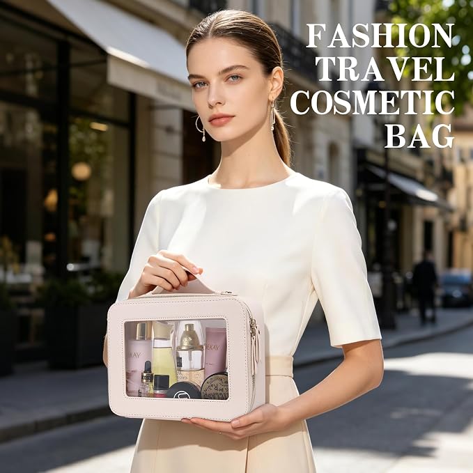 Clear Travel Makeup Bag, Beige, L+Slim | With Brush Bag, Transparent, Waterproof, With Zipper - Image 8