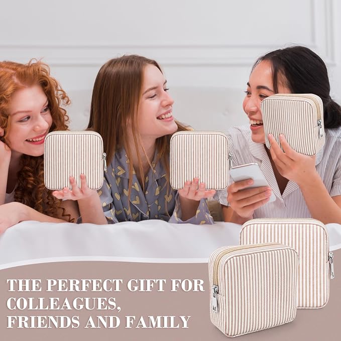 Giesiery 8 Pcs Seersucker Makeup Bags Striped Cosmetic Bags Bulk Organizer for Women Preppy Travel Toiletry Pouch for Wedding Bridesmaid Gifts (Khaki, Mini) - Image 6