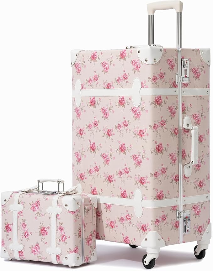 urecity 20" Blush Camellia Vintage Luggage Set 2 Piece, Aluminum Frame Retro Suitcase for Women, Vegan Leather Carry On Trunk with Cosmetic Case, TSA Approved (Include Clear Cover) by urecity