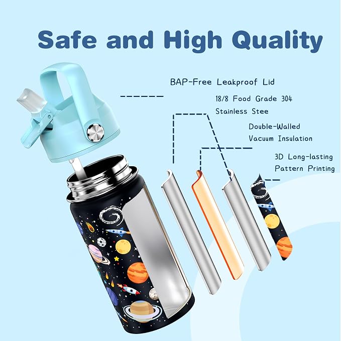 Bevalsa Kids Backpack for Boys with 14oz Insulated Bottle, School Bags for Kids & BPA-FREE Stainless Steel Metal Bottle with Straw Lid for Elementary Middle School Student (Space) - Image 7
