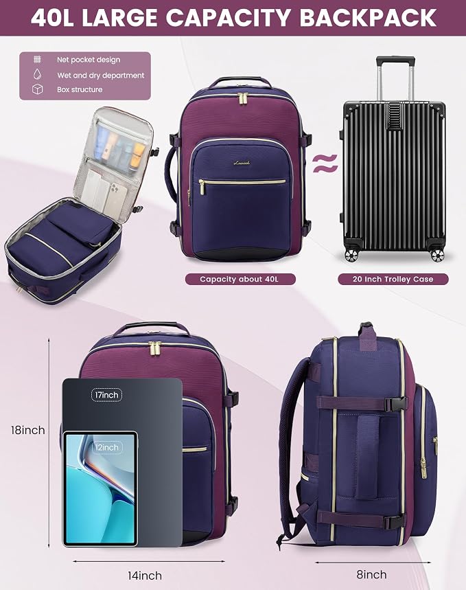LOVEVOOK Large Travel Backpack for Women & Men, 40L Carry on Backpack for Airplanes, TSA Personal Item Travel Bag fits 17" Laptop, Waterproof Travel Essentials Airline Approved with 3 Packing Cubes - Image 4