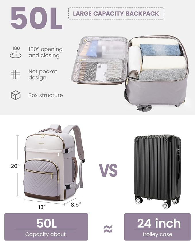 LOVEVOOK Travel Backpack for Women,50L Carry On Backpack for Airplanes,18 Inch Laptop Personal Item Travel Bag,TSA Approved Carry On Luggage,Waterproof Weekender Business Hiking Bag - Image 3