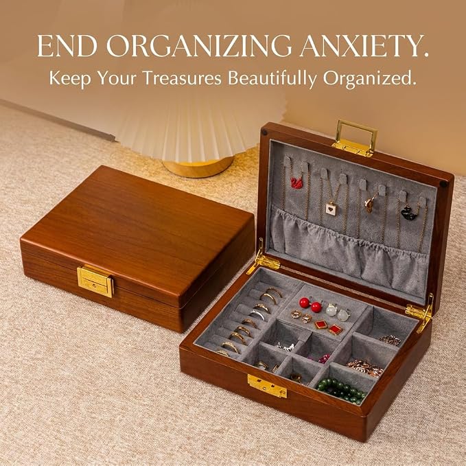 Solid Black Walnut Jewelry Box with Lock and Key Large Capacity Vintage Wooden Organizer for Women and Men Ring Necklace Earring Cufflink Storage Removable Dividers Gift for Christmas - Image 11